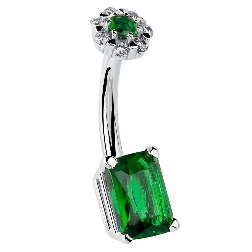 Green Daisy Flower & Emerald Cut Gem 14K Gold Navel Ring