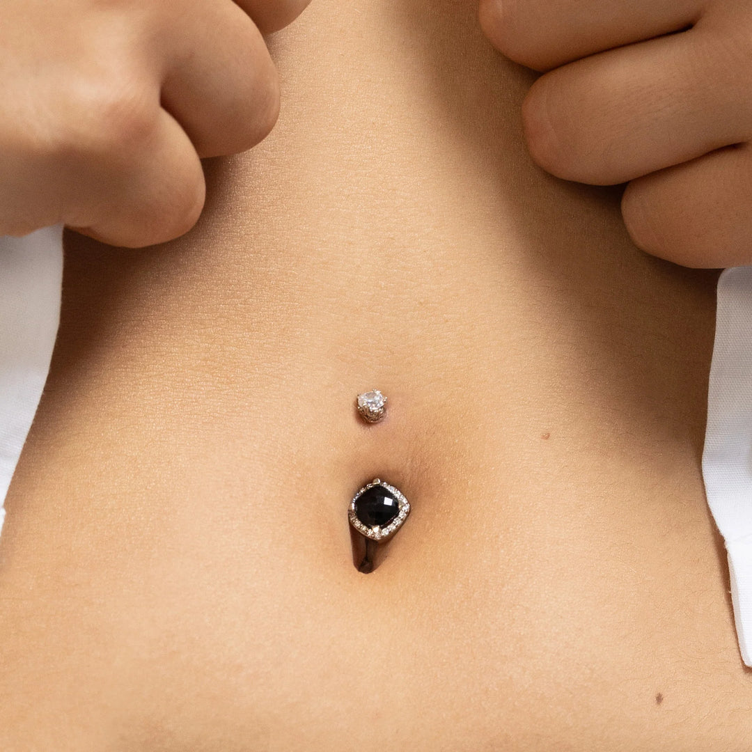 Black Onyx & Diamond Antiqued Cushion-Cut Navel Ring