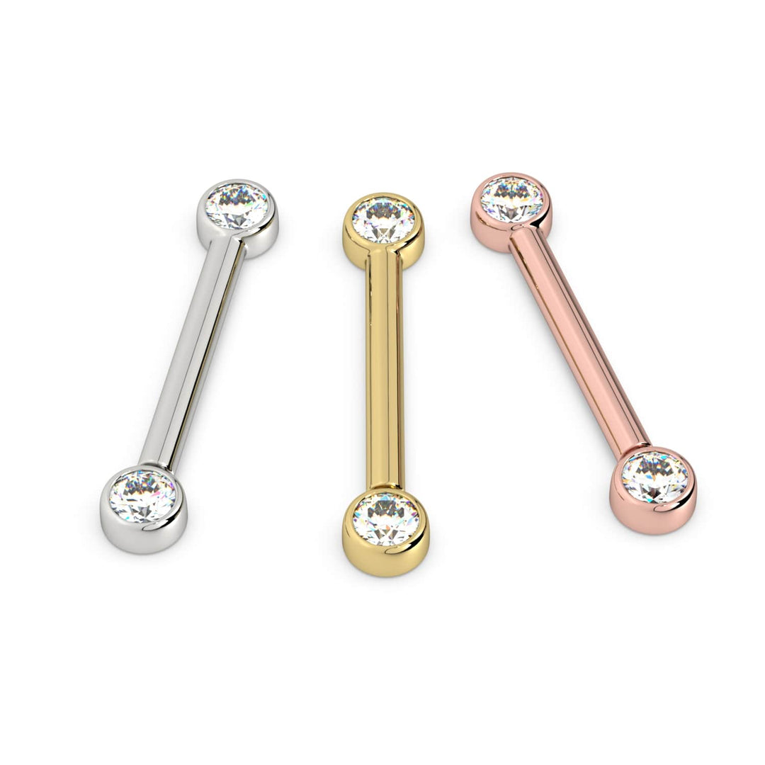 3mm Cubic Zirconia Bezel 14K Gold Nipple Barbell