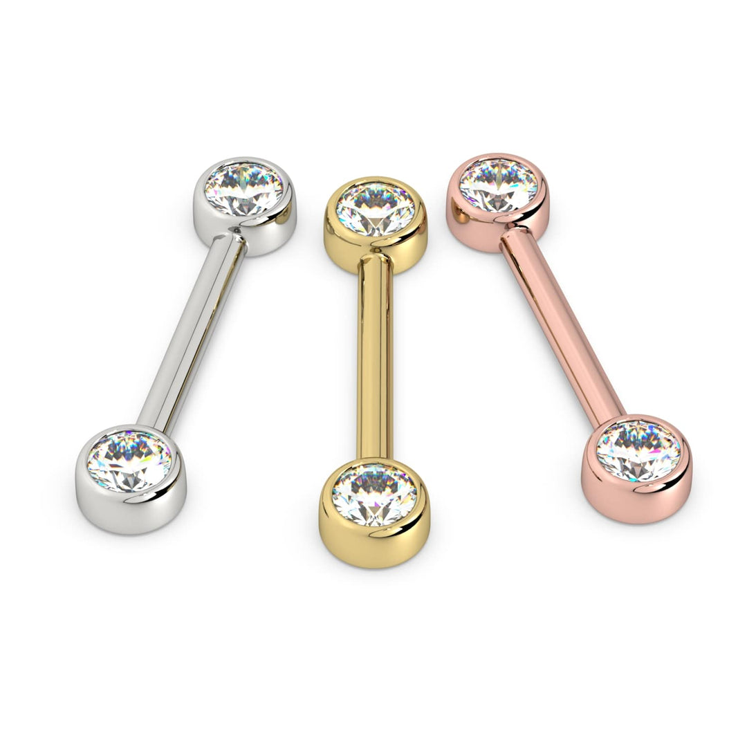 4mm Cubic Zirconia Bezel 14K Gold Nipple Barbell