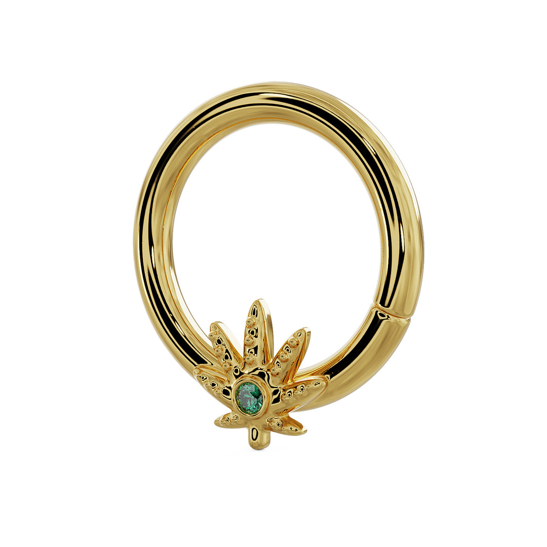 Emerald Marijuana Pot Leaf 14K Gold Seamless Ring Hoop