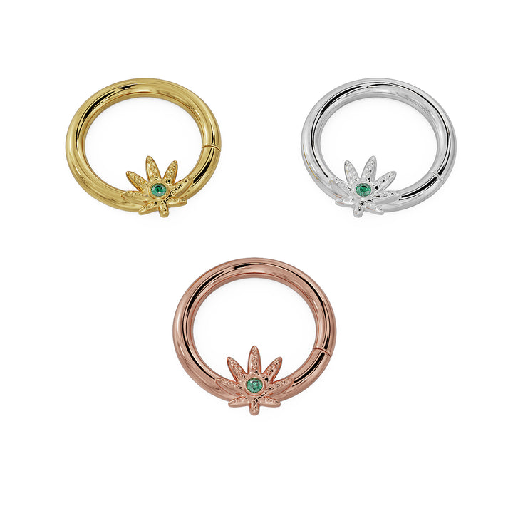 Emerald Marijuana Pot Leaf 14K Gold Seamless Ring Hoop