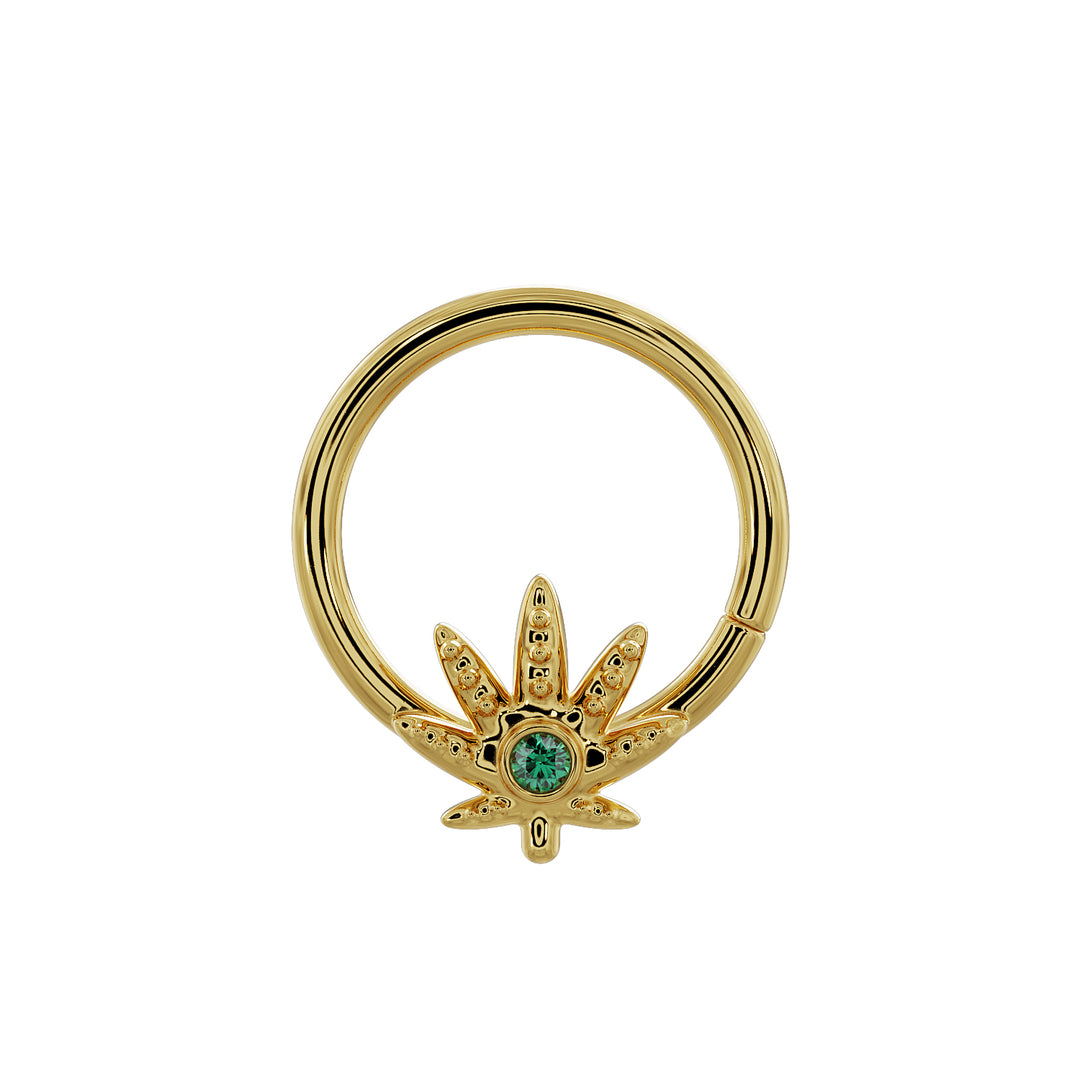 Emerald Marijuana Pot Leaf 14K Gold Seamless Ring Hoop