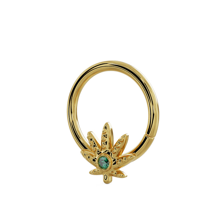 Emerald Marijuana Pot Leaf 14K Gold Seamless Ring Hoop