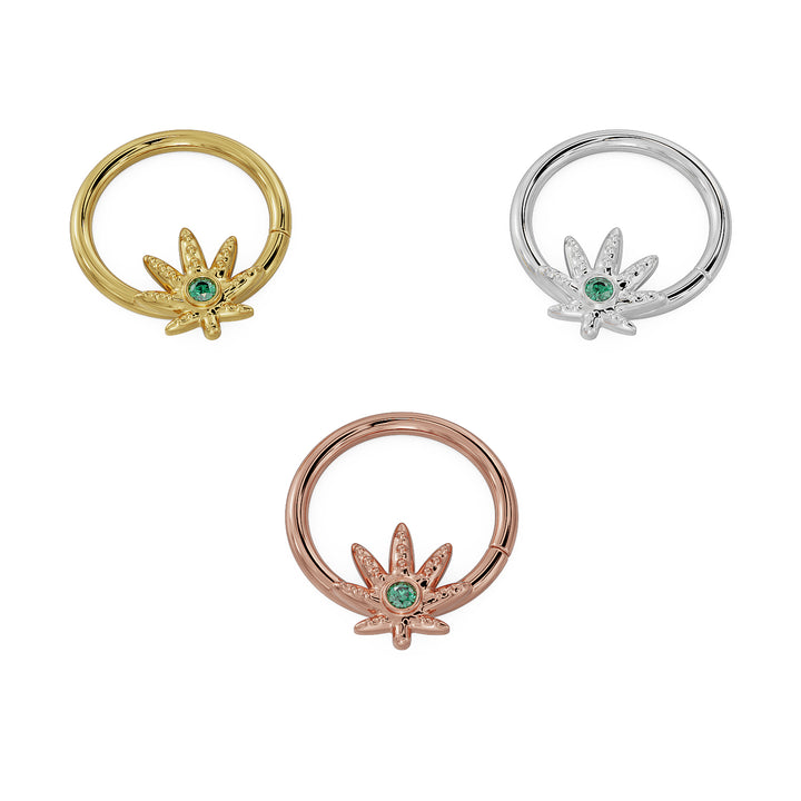 Emerald Marijuana Pot Leaf 14K Gold Seamless Ring Hoop