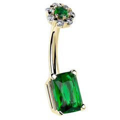 Green Daisy Flower & Emerald Cut Gem 14K Gold Navel Ring