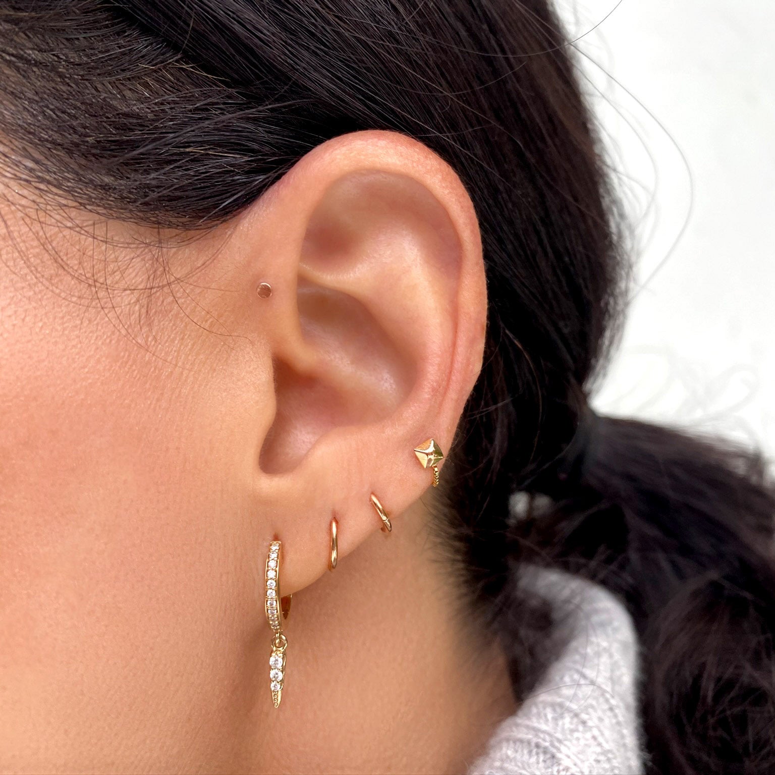 Tiny Trinity Threaded Flat Back Earring in 14k Gold  Maison Miru